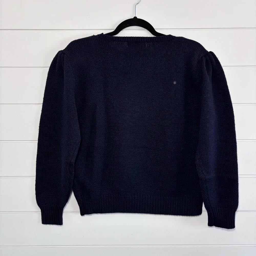 JH Collectibles Vintage 80s Navy Wool Floral Knit‎ Puff Shoulder Cardigan L